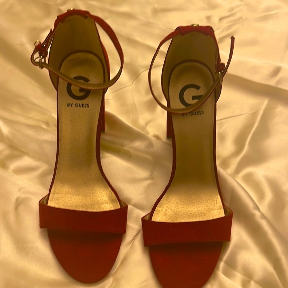 Red Guess, block heeled sandals, like new, size 9 1/2